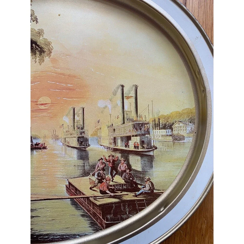 Currier and Ives Metal Serving Tray Mississippi 1965 1966 (set of 2) VTG Display